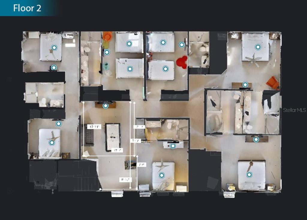This is a top-down floor plan of a second story featuring multiple bedrooms and bathrooms — 7736 GRABEN STREET, KISSIMMEE, FL