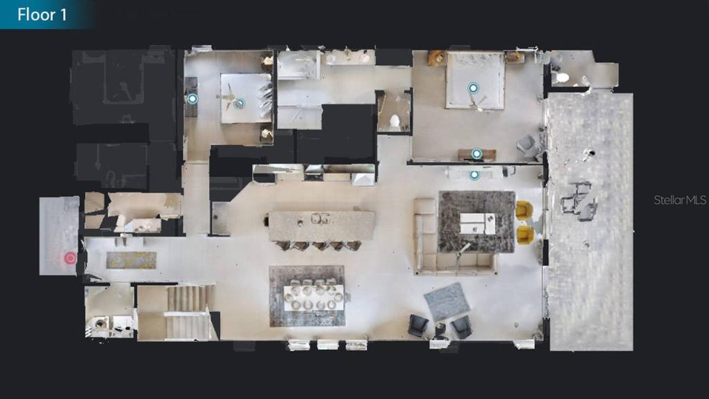 This is a top-down 3D floor plan rendering of a modern home's open-concept main level — 7736 GRABEN STREET, KISSIMMEE, FL