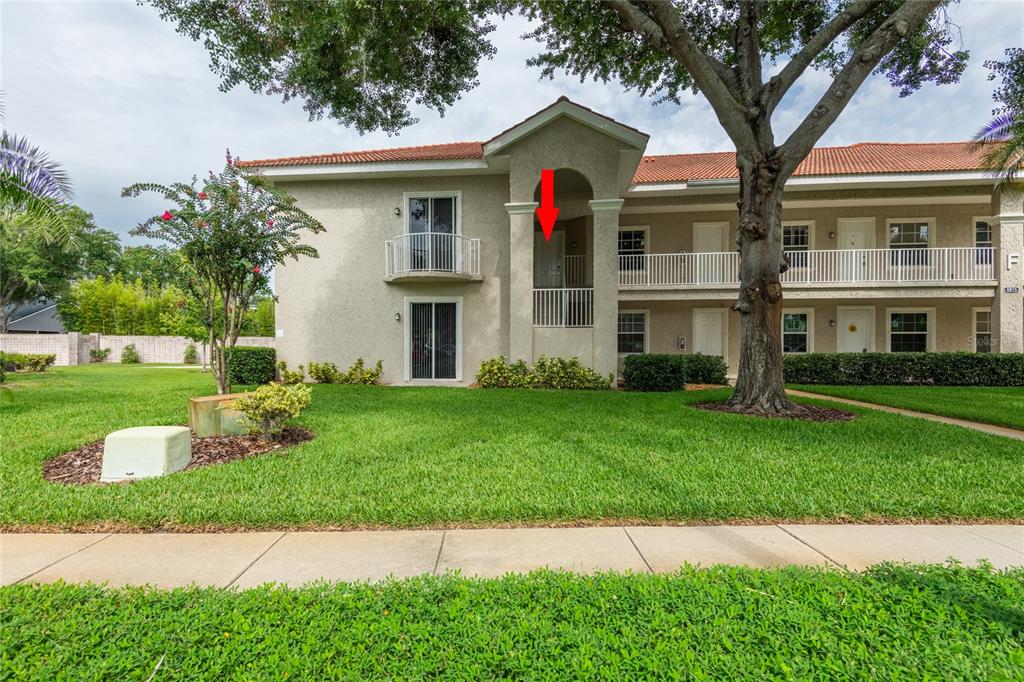 A two-story apartment building exterior with a red arrow pointing to an upper-level unit entrance — 6815 DALI AVENUE UNIT 205, LAND O LAKES, FL