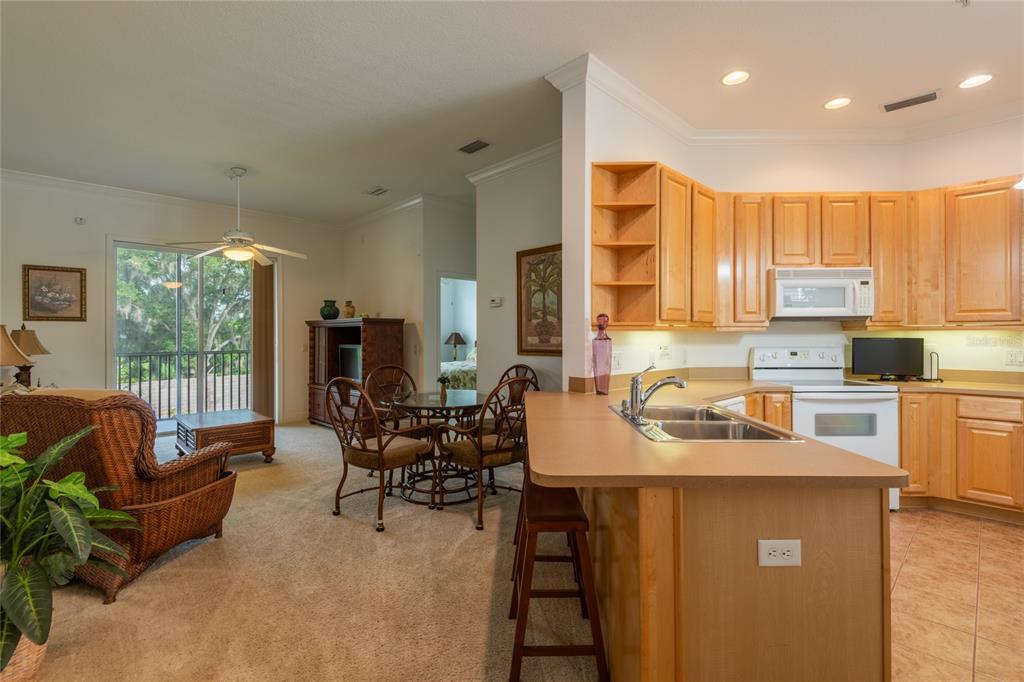 A kitchen with light wood cabinets and a breakfast bar overlooks a carpeted living area — 6815 DALI AVENUE UNIT 205, LAND O LAKES, FL