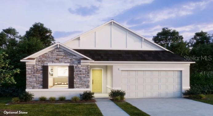 A digital rendering of a single-story house exterior with stone accents and a yellow door — TBD SW 128TH PLACE, OCALA, FL