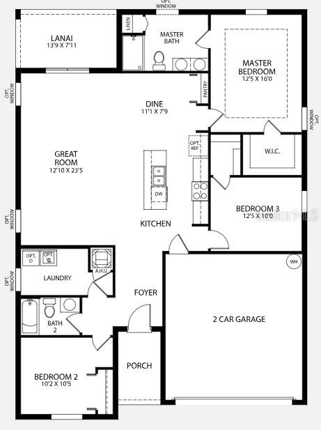 This is a floor plan for a three-bedroom home with an open kitchen and garage — TBD SW 128TH PLACE, OCALA, FL