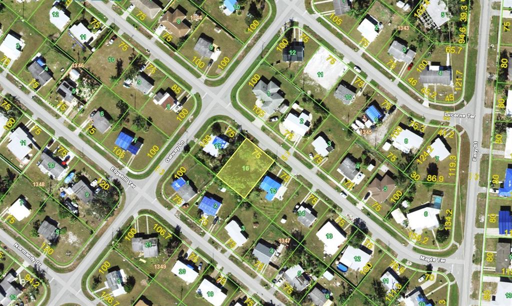 This is an aerial map showing residential lots, streets, and property boundaries in a neighborhood — 3421 MAPLE TERRACE, PORT CHARLOTTE, FL