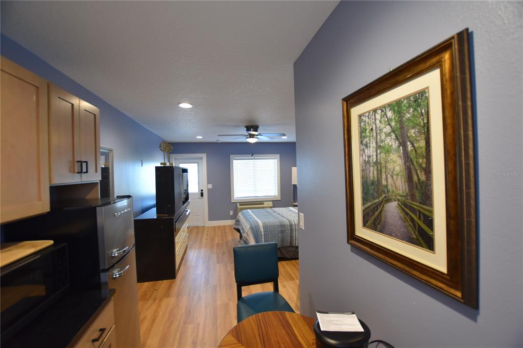 A studio hotel room features a kitchenette, a bed, and a framed nature print — 704 S LAKESHORE BOULEVARD, HOWEY IN THE HILLS, FL