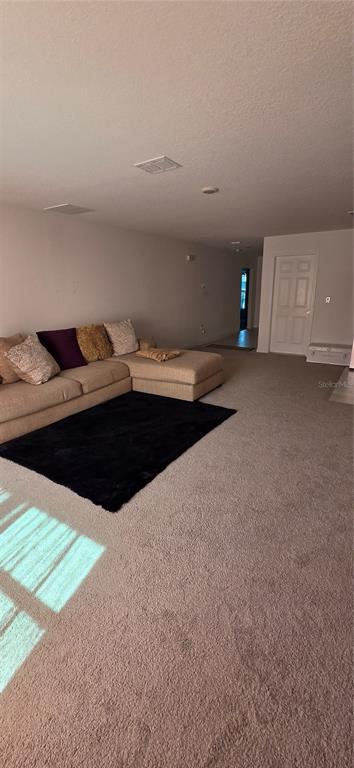 A spacious living room features beige carpeting, a large sectional sofa, and a black rug — 558 TASCO AVENUE SW, PALM BAY, FL
