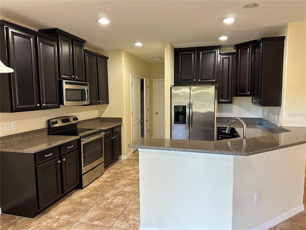 A kitchen features dark wood cabinets, stainless steel appliances, and granite countertops — 9908 SPICE BUSH COURT, TAMPA, FL