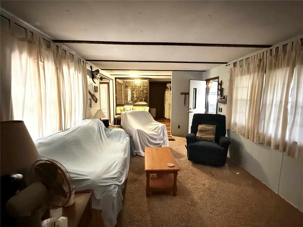 A living room features beige carpeting, wood-paneled walls, a white-covered sofa, and a blue armchair — 69 ROSALIE OAKS BOULEVARD, LAKE WALES, FL