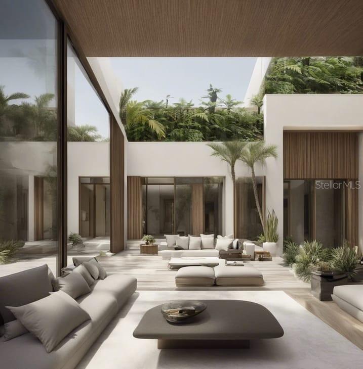 This architectural rendering shows an open-air living room with modern furniture and lush tropical landscaping — Lot 10 DORADO BCH PLANTATION, DORADO, PR