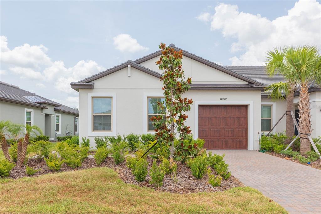 A single-story house with a brown garage door, light-colored stucco walls, and landscaped front yard — 10806 GABLE DIG LOOP, SAN ANTONIO, FL