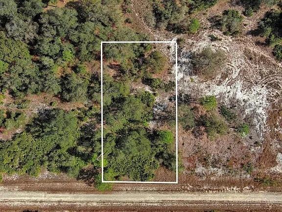 An aerial view shows a rectangular plot of land bordered by a dirt road — 4701 KAREN AVENUE S, LEHIGH ACRES, FL