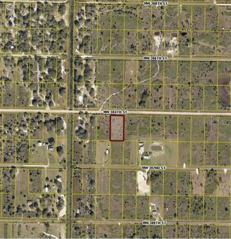 An aerial map view shows a rectangular plot of land outlined in red — 18244 NW 304TH STREET, OKEECHOBEE, FL