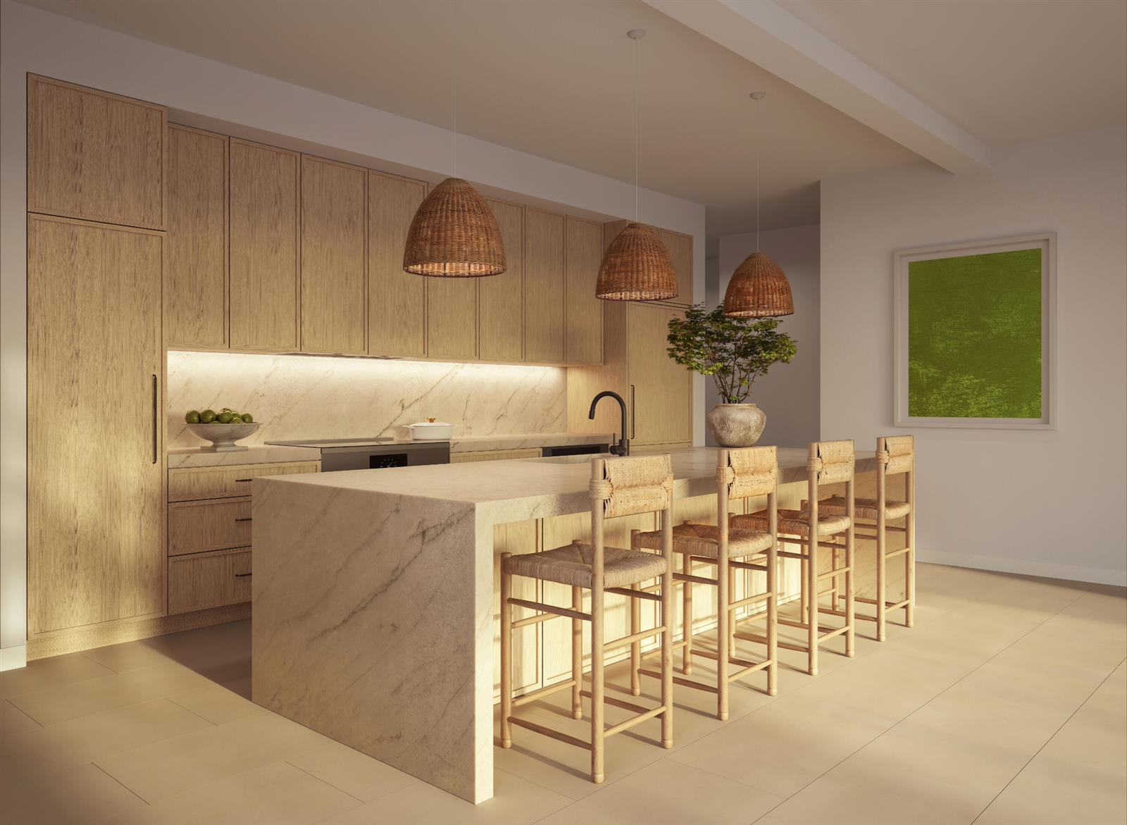 This rendering shows a modern kitchen with light wood cabinetry, a marble island, and barstools — 2115 Banyan Villa Circle, West Palm Beach FL 33401, WEST PALM BEACH, FL