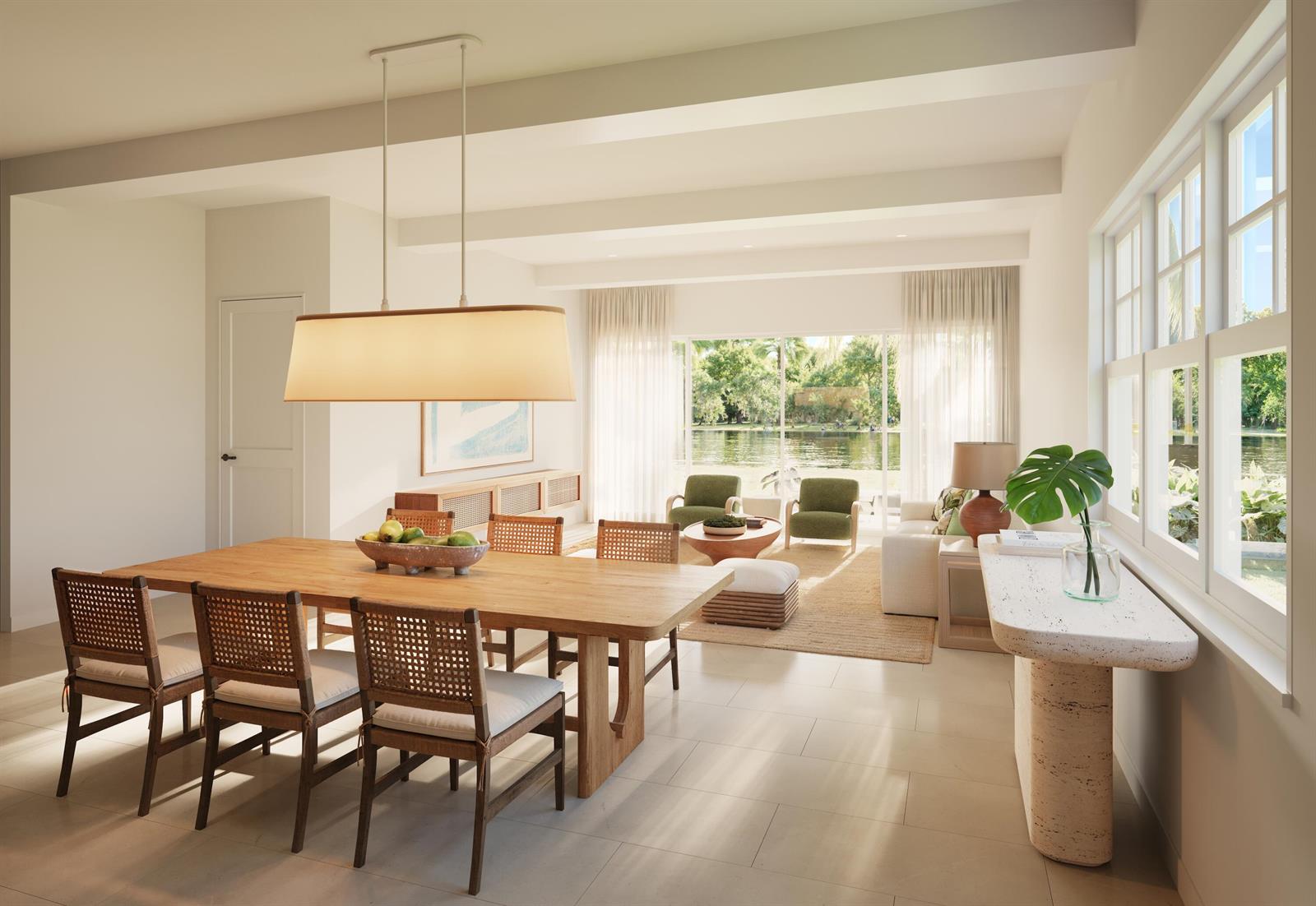 This rendering shows an open-concept dining and living area with wood furniture and lake views — 2115 Banyan Villa Circle, West Palm Beach FL 33401, WEST PALM BEACH, FL