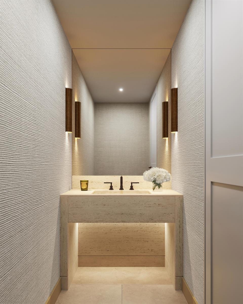 This rendering shows a powder room with textured walls, a stone vanity, and wall sconces — 2115 Banyan Villa Circle, West Palm Beach FL 33401, WEST PALM BEACH, FL
