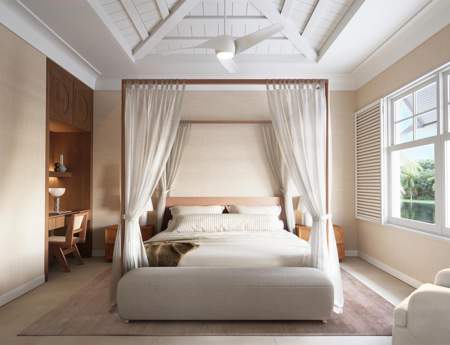 This rendering shows a bedroom with a four-poster bed, sheer curtains, and a built-in desk — 2115 Banyan Villa Circle, West Palm Beach FL 33401, WEST PALM BEACH, FL