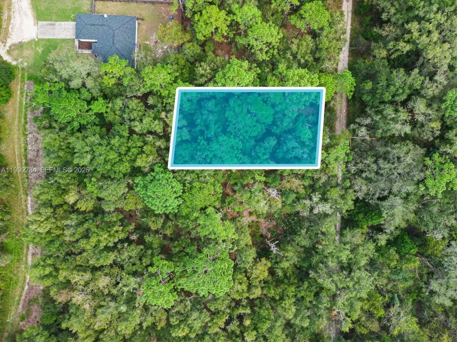 An aerial view shows a rectangular plot of land highlighted in blue amidst dense trees — 0 SW 30th ST, Ocala FL 34481, OCALA, FL