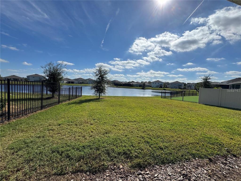 A grassy backyard overlooks a pond with a fountain and surrounding residential houses — 17710 CANTARINA COVE, BRADENTON, FL