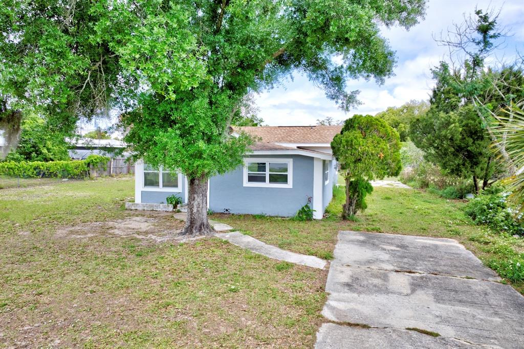 A single-story blue house with a concrete driveway and a large tree in the yard — 109 S ANOKA AVENUE, AVON PARK, FL