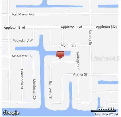 This is a map showing a red location pin in a residential neighborhood with canals — 10416 RAINSVILLE STREET, PORT CHARLOTTE, FL
