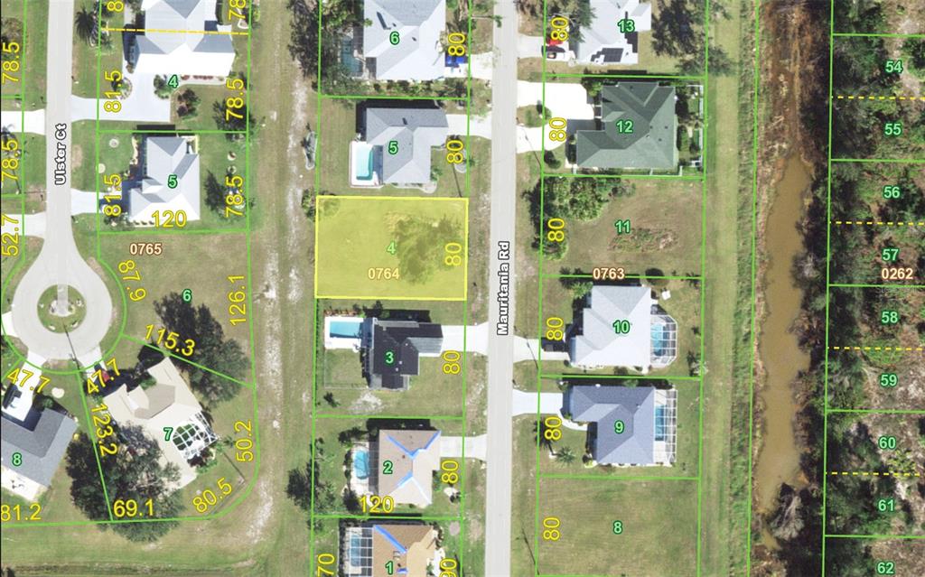 This is an aerial map showing residential lots and houses along a street — 2253 MAURITANIA ROAD, PUNTA GORDA, FL