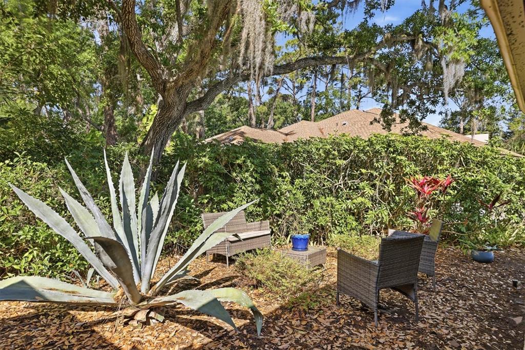 A patio area features wicker chairs, a small table, and a large agave plant outdoors — 3351 THORNWOOD ROAD UNIT 3351, SARASOTA, FL