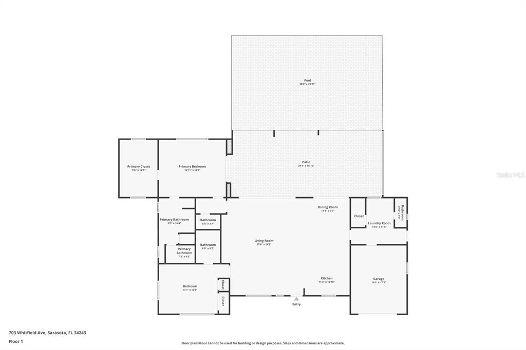 This is a floor plan showing a house layout with a pool and patio — 703 WHITFIELD AVENUE, SARASOTA, FL