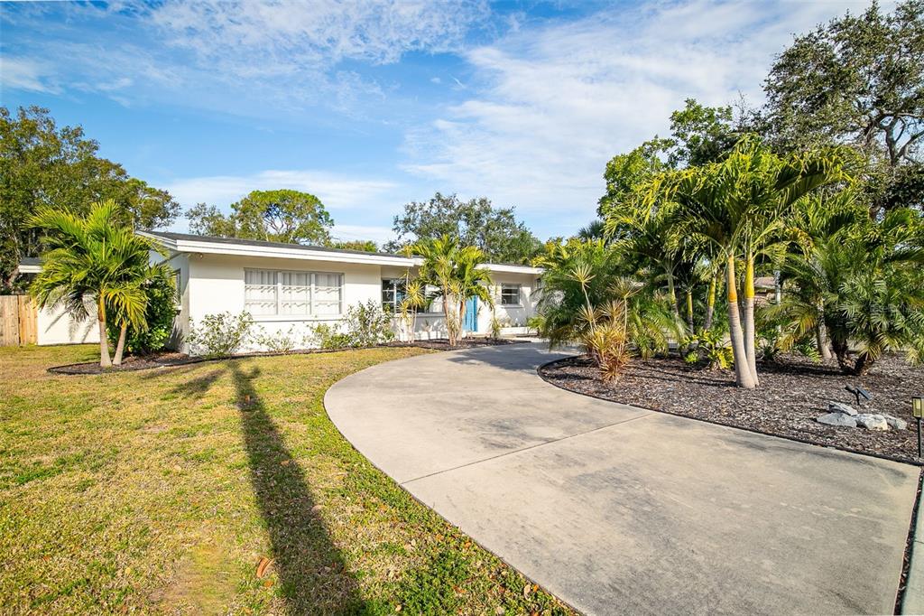 A single-story house with a curved concrete driveway and palm trees in the front yard — 703 WHITFIELD AVENUE, SARASOTA, FL