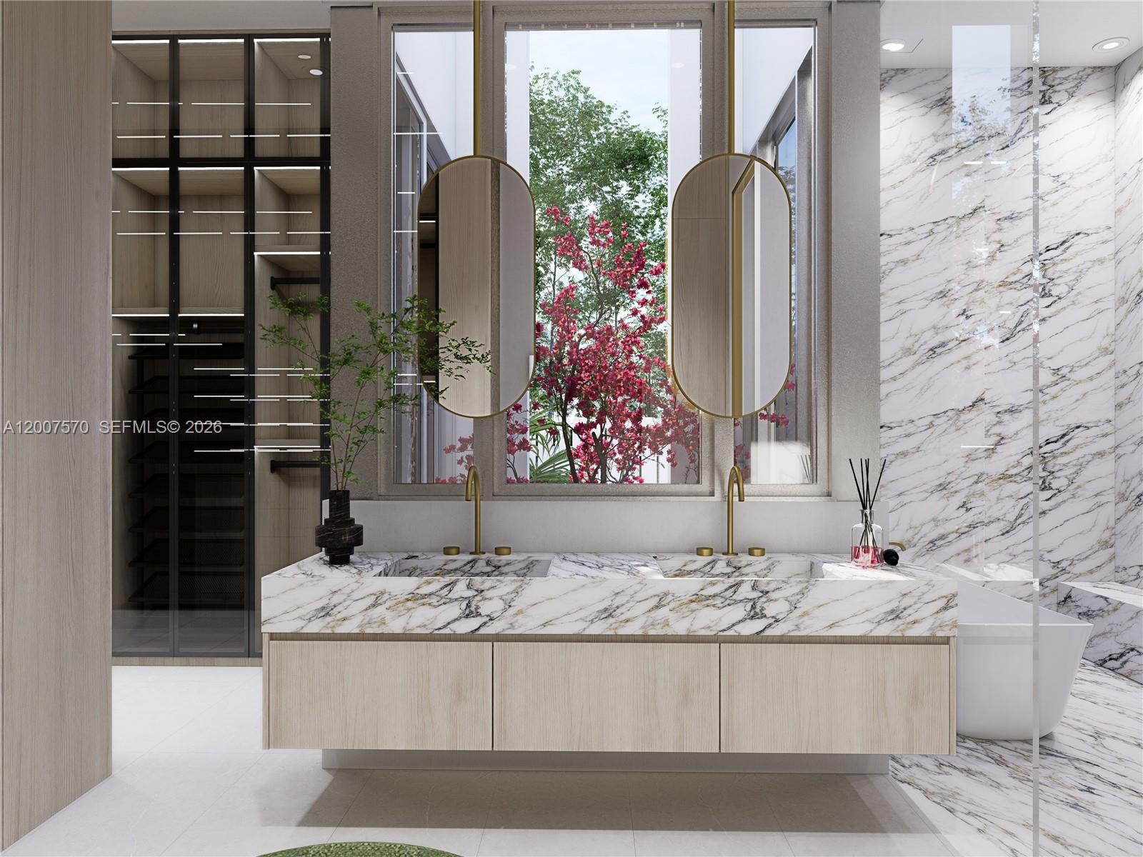 This rendering shows a modern bathroom with a marble double vanity and hanging oval mirrors — 325 Ludlam Dr, Miami Springs FL 33166, MIAMI SPRINGS, FL