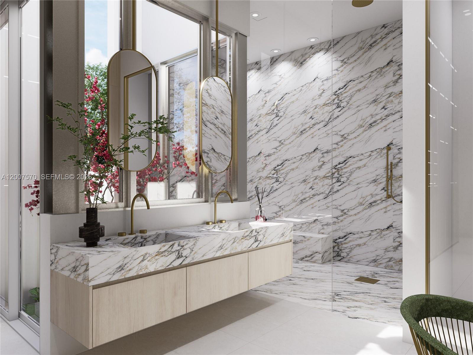 This rendering shows a modern bathroom with a double vanity, marble surfaces, and gold fixtures — 325 Ludlam Dr, Miami Springs FL 33166, MIAMI SPRINGS, FL