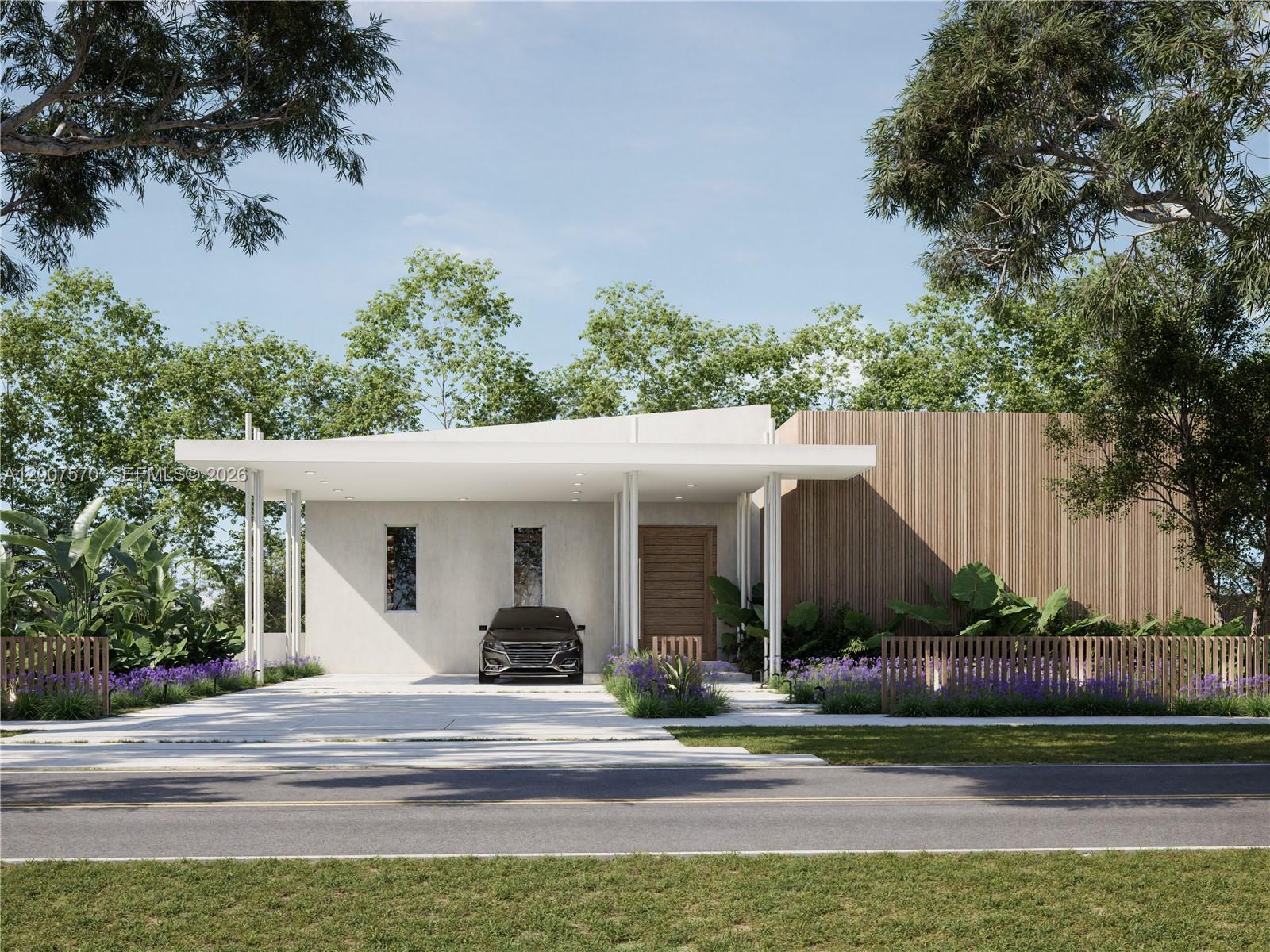 This is a rendering of a modern single-story house with a carport and wood-slat siding — 325 Ludlam Dr, Miami Springs FL 33166, MIAMI SPRINGS, FL