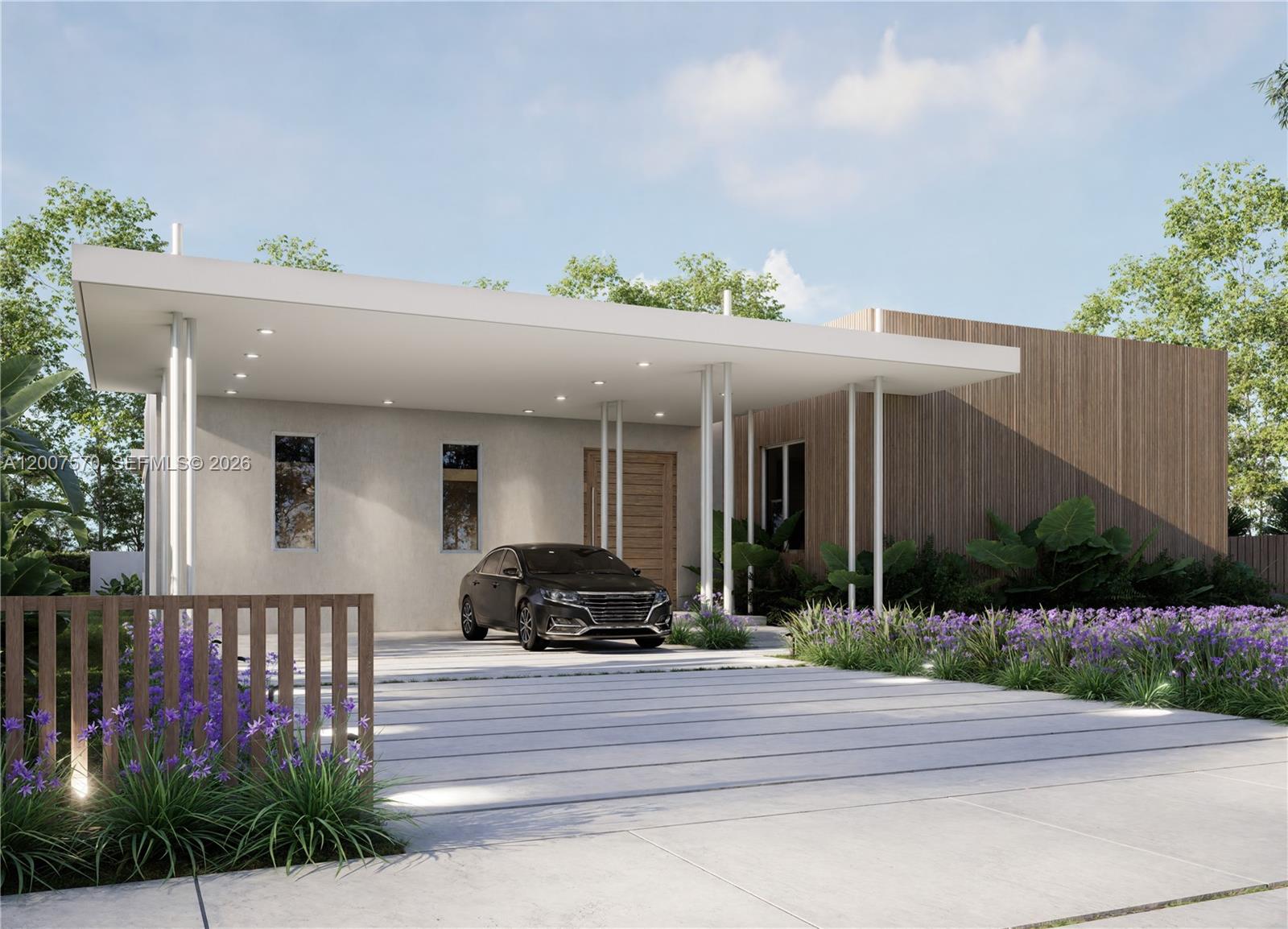 This is a rendering of a modern single-story house with a flat roof and carport — 325 Ludlam Dr, Miami Springs FL 33166, MIAMI SPRINGS, FL