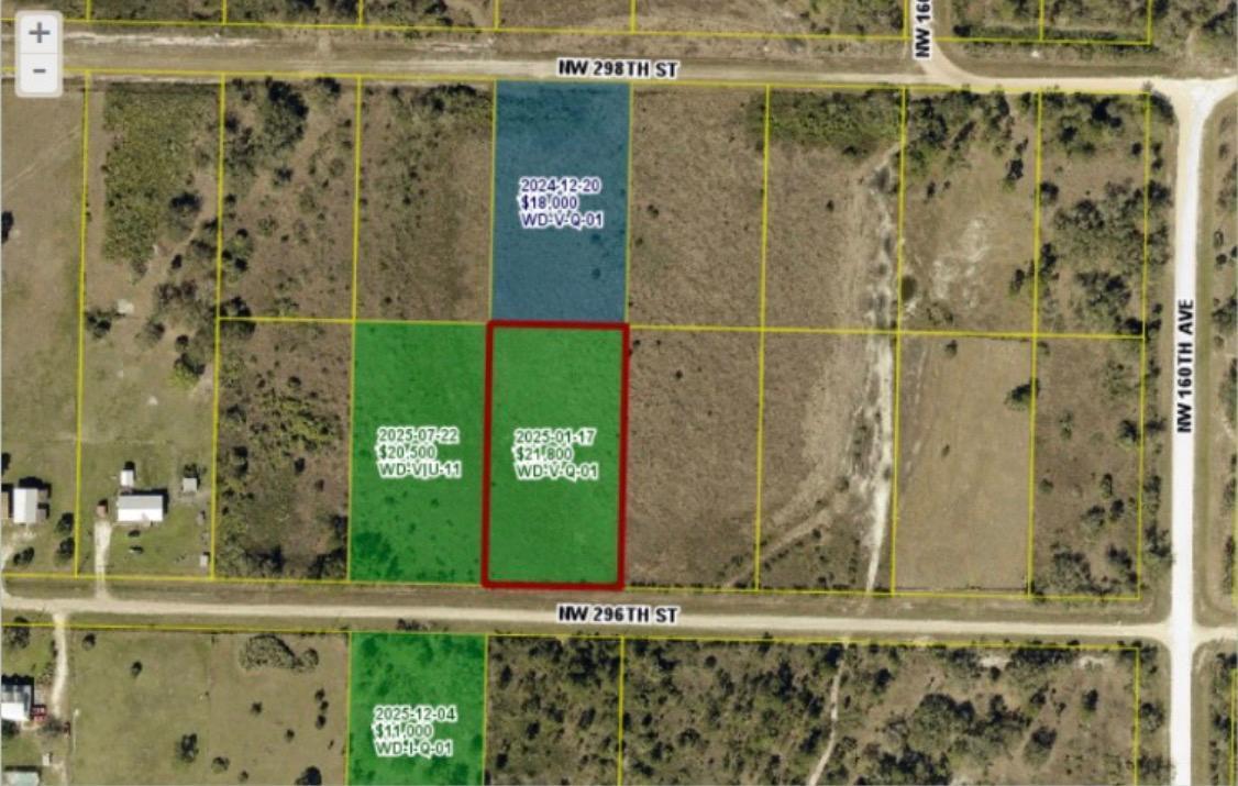 This map shows several rectangular land parcels with highlighted lots and associated transaction data — 16217 NW 296th Street, Okeechobee FL 34972, OKEECHOBEE, FL