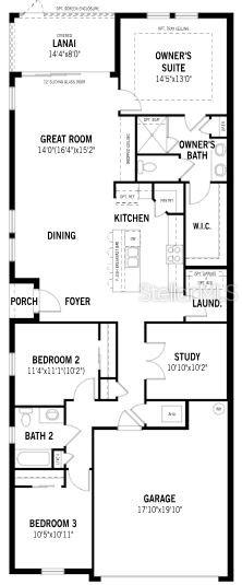 This is a floor plan for a single-story house with three bedrooms, a study, and garage — 11922 MANDALA COURT, VENICE, FL