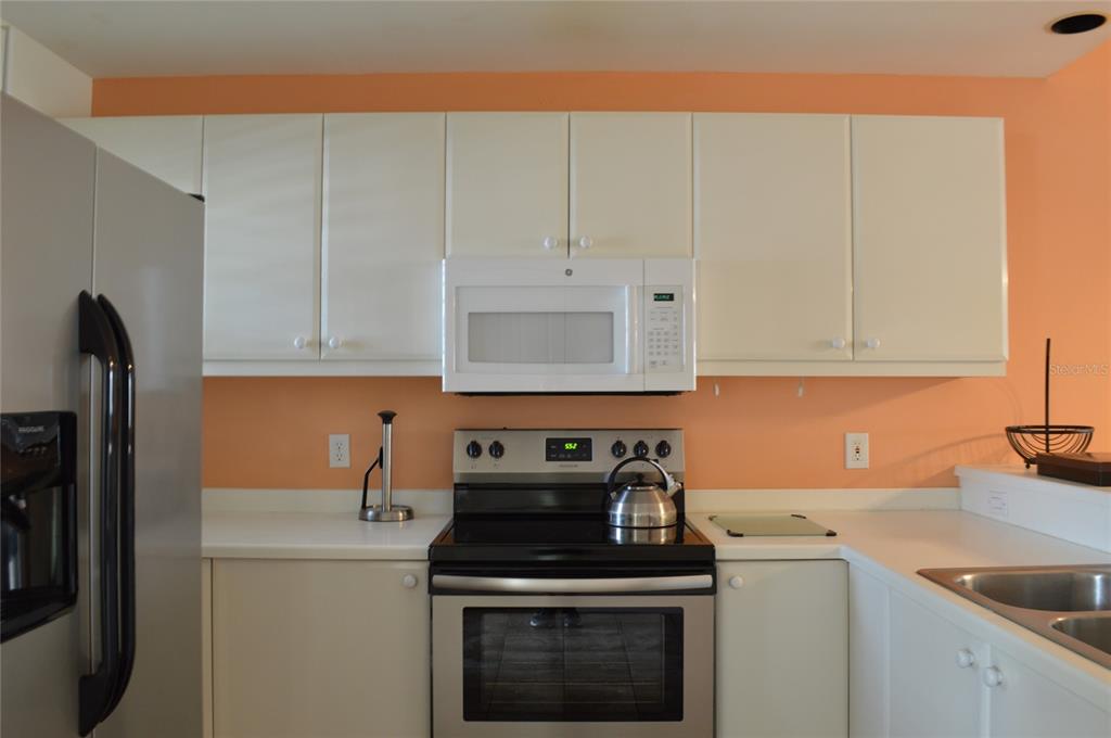 A kitchen features white cabinets, stainless steel appliances, and peach-colored walls — 3605 54TH DRIVE W UNIT 202, BRADENTON, FL