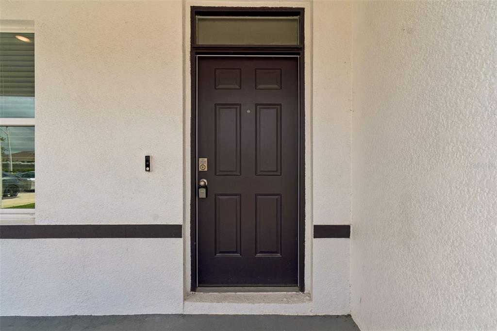 A dark brown six-panel front door with a transom window sits in a white wall — 8454 ENDER HILLS DRIVE, WESLEY CHAPEL, FL