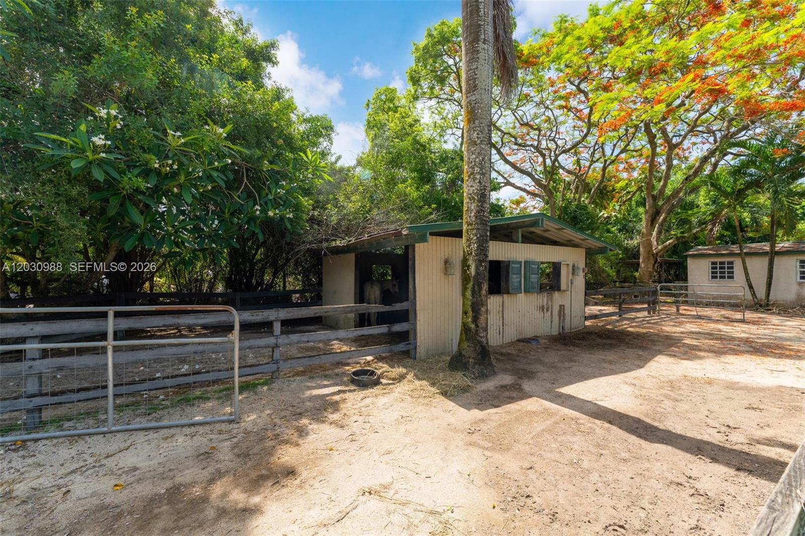 A small, light-colored horse stable sits in a sandy, fenced-in outdoor area with trees — 22065 SW 167th Ave # A, Miami FL 33170, MIAMI, FL