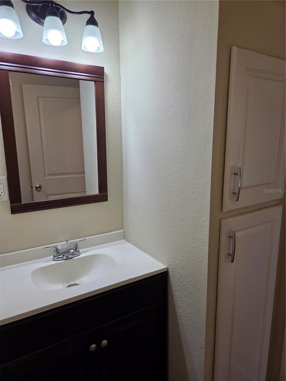 A bathroom vanity features a dark cabinet, white countertop, wall-mounted mirror, and adjacent white storage cabinets — 5809 J G ROGERS LANE, PLANT CITY, FL