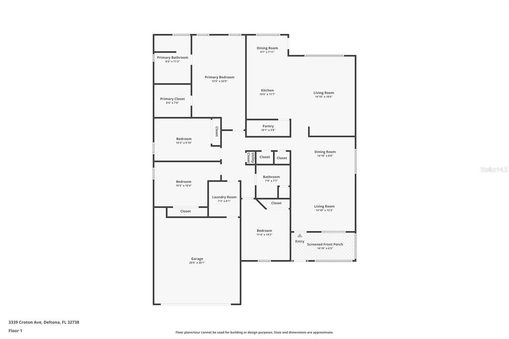 This is a floor plan for a single-story residential home with a garage — 3339 CROTON AVENUE, DELTONA, FL