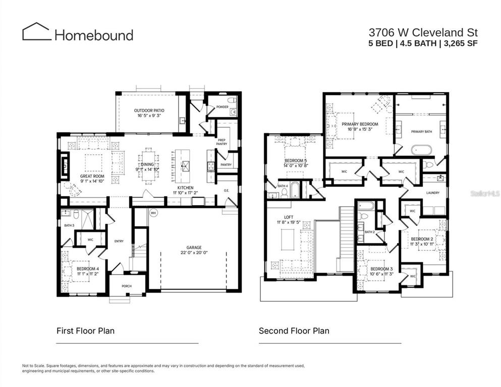 This is a floor plan for a two-story house with five bedrooms and 4.5 baths — 3706 W CLEVELAND STREET, TAMPA, FL