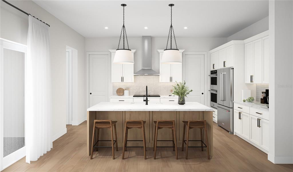 This is a rendering of a modern kitchen featuring a central island and white cabinetry — 3706 W CLEVELAND STREET, TAMPA, FL