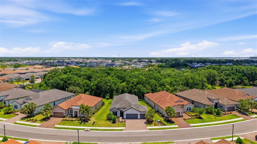 An aerial view shows a suburban street with several single-family homes and lush green trees — 10912 SEASONS WAY, PALMETTO, FL