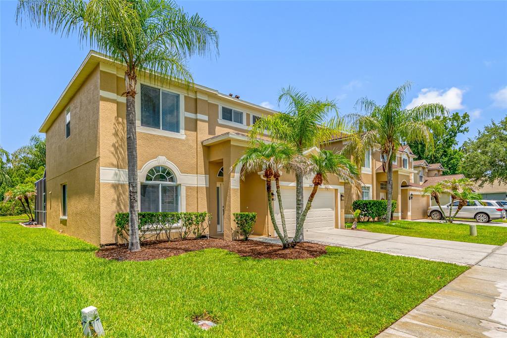 A two-story tan stucco townhouse with a palm tree and a concrete driveway — 25147 GEDDY DRIVE, LAND O LAKES, FL