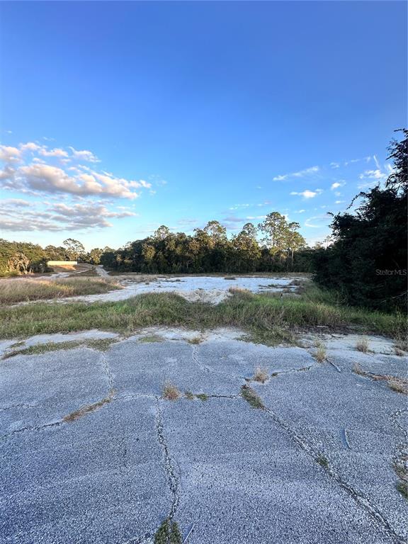 An empty, cracked paved lot leads to a sandy clearing bordered by trees — 604 HILLSBOROUGH PLACE, KISSIMMEE, FL