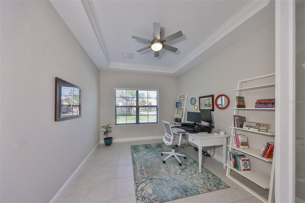 A home office features a desk, white shelving, a patterned rug, and a ceiling fan — 11909 CLIMBING FERN AVENUE, RIVERVIEW, FL