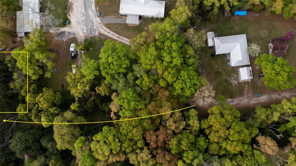 This aerial view shows a wooded residential lot with houses and a dirt driveway — 00 NW 177TH PLACE, HIGH SPRINGS, FL