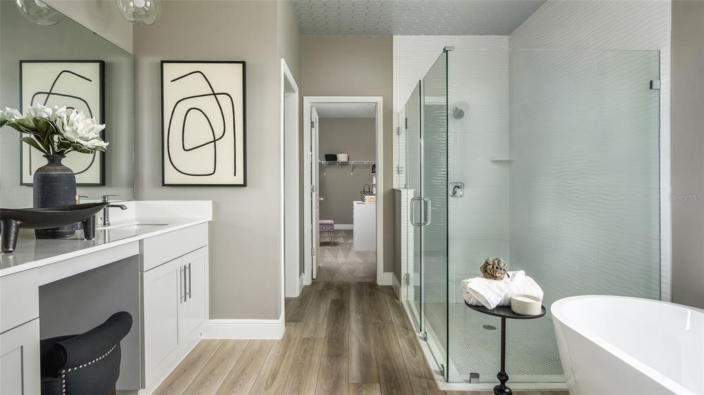 A modern bathroom features a glass-enclosed shower, a freestanding tub, and a double vanity — 33572 HAMMOCK BEACH WAY, DADE CITY, FL