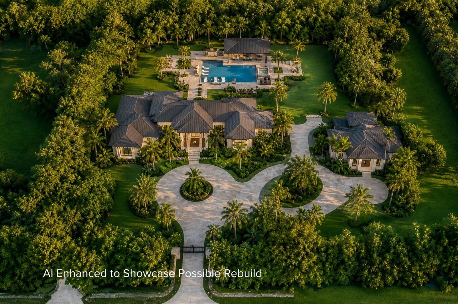 An aerial rendering of a luxury estate featuring a main house, guest house, and pool — 6911 NW 84th Avenue, Parkland FL 33067, PARKLAND, FL