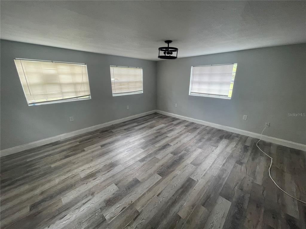 An empty room features light gray walls, wood-look laminate flooring, and a black ceiling fixture — 1225 NEMETH STREET, AUBURNDALE, FL