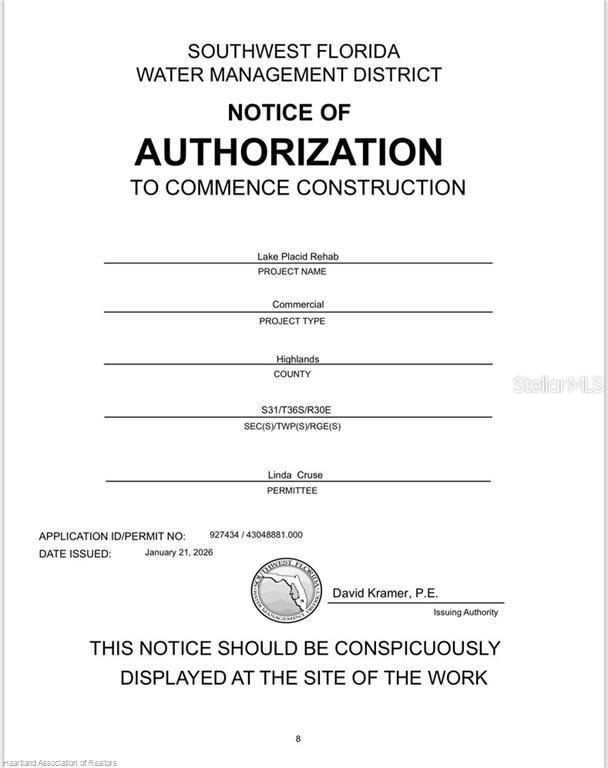 This is a document titled Notice of Authorization to Commence Construction for a commercial project — DAL HALL, LAKE PLACID, FL
