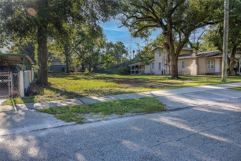 A vacant grassy lot sits between two houses along a paved street with mature trees — 8409 N MULBERRY STREET, TAMPA, FL